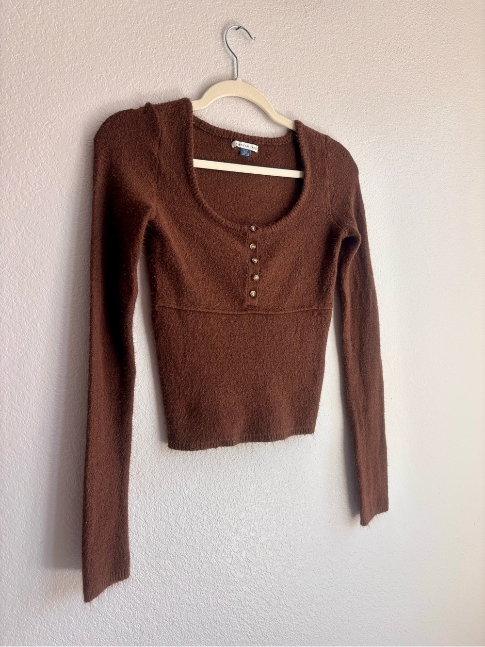 American Eagle Outfitters Brown Scoop Neck Henley Sweater
